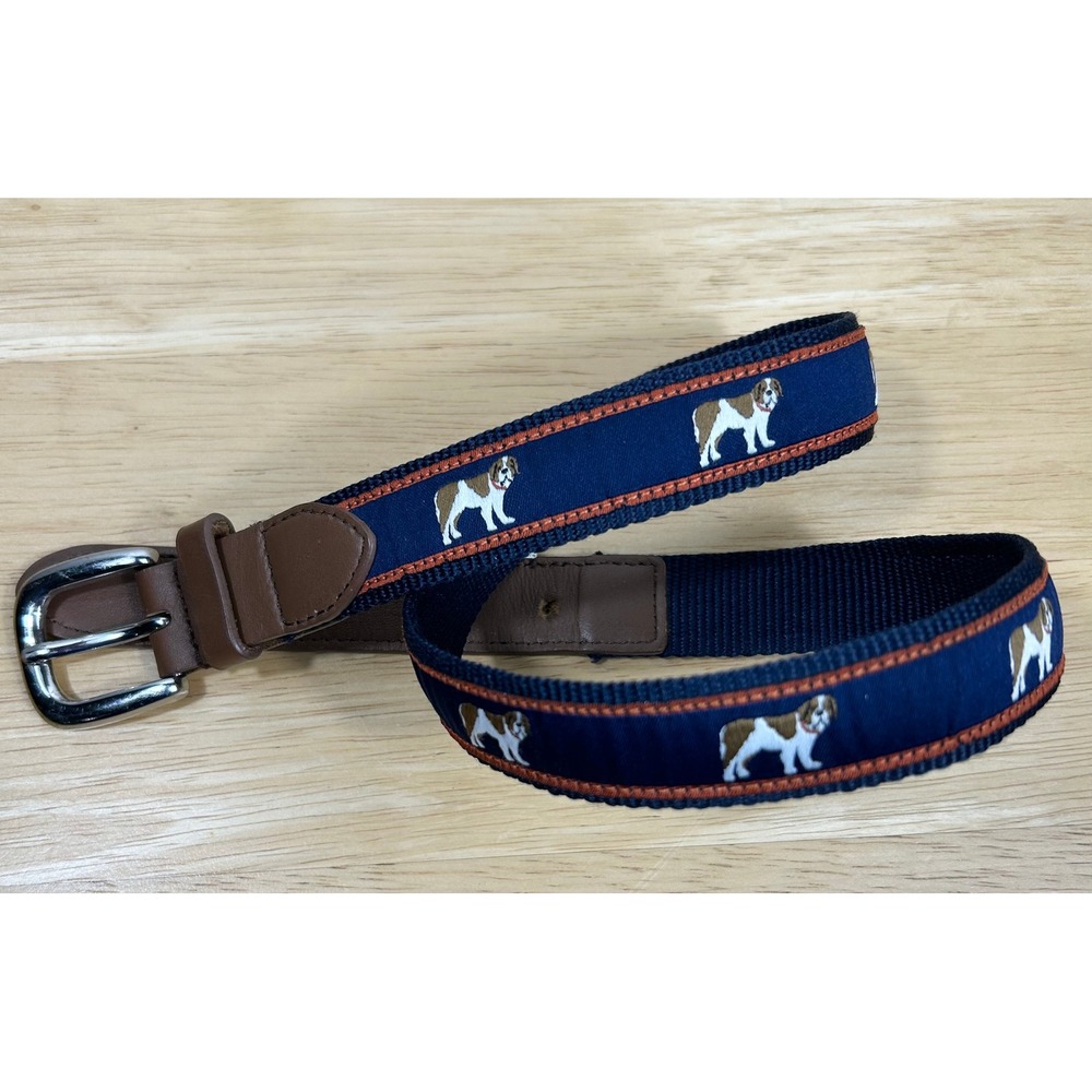 Janie and Jack Belt Kids 6-8 Navy Dog Embroidered Ribbon Leather Trim Preppy